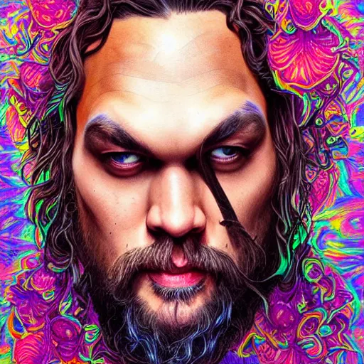 Image similar to portrait of jason momoa, hyper detailed masterpiece, neon floral pattern, jean giraud, digital art painting, darkwave goth aesthetic, psychedelic, artgerm, donato giancola and tom bagshaw