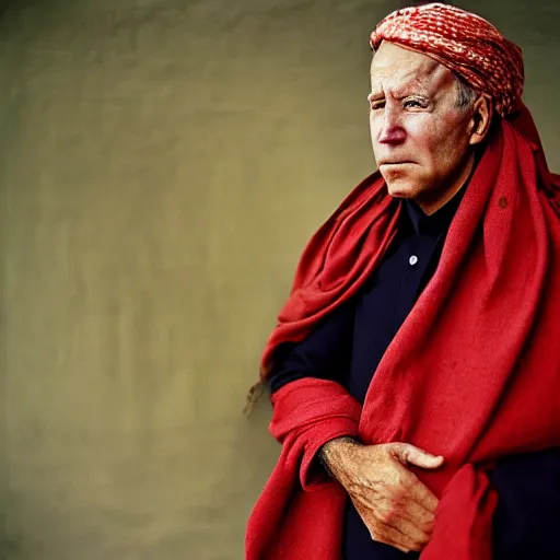 Image similar to portrait of president joe biden as afghan man, green eyes and red scarf looking intently, photograph by steve mccurry