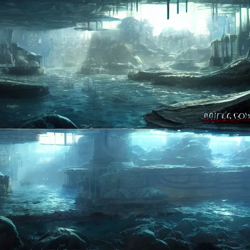 Image similar to photorealistic fantasy concept art of an underwater city, advanced further beyond human civilization, dynamic lighting, cinematic, ray tracing, 8k, ultra detailed