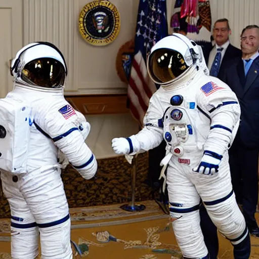 Image similar to astronaut cat shaking hands with the president