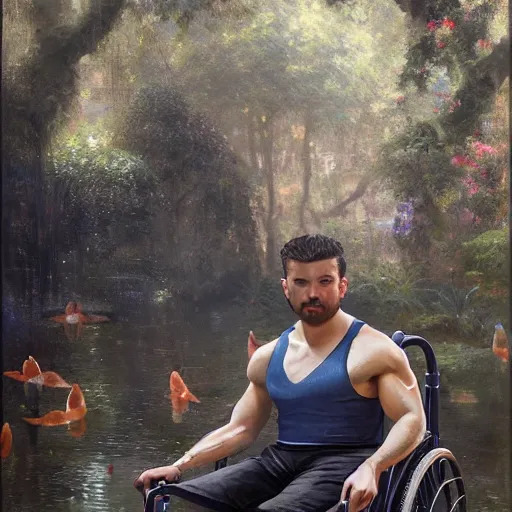 Image similar to handsome portrait of a wheelchair guy fitness posing, radiant light, caustics, war hero, smooth, one legged amputee, reflective water koi pond, lush garden surroundings, by gaston bussiere, bayard wu, greg rutkowski, giger, maxim verehin