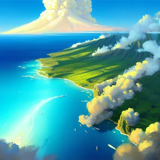 Image similar to a painting a breathtaking aerial view of Hawaiian islands, surrounded by palm trees, clouds, flowers, volcano, azure ocean, sunlight glistening, glow, , a detailed matte painting by sylvain sarrailh, Stephan Martinière, by RHADS, Makoto Shinkai, bokeh, Artstation contest winner, fantasy art, concept art, #vfxfriday