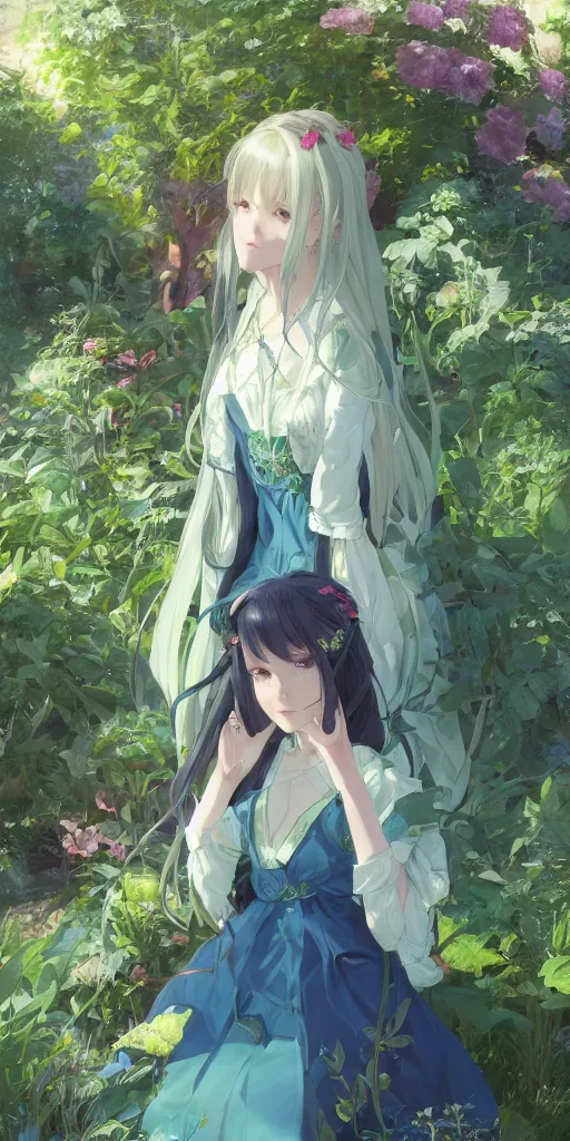 Prompt: a loli with long hair in a dress in the privet garden at after noon, green and warm theme, blue accents, low angle, back lighting, highly detailed, 4 k resolution, trending on art station, by krenz cushart and mucha and akihito yoshida and greg rutkowski