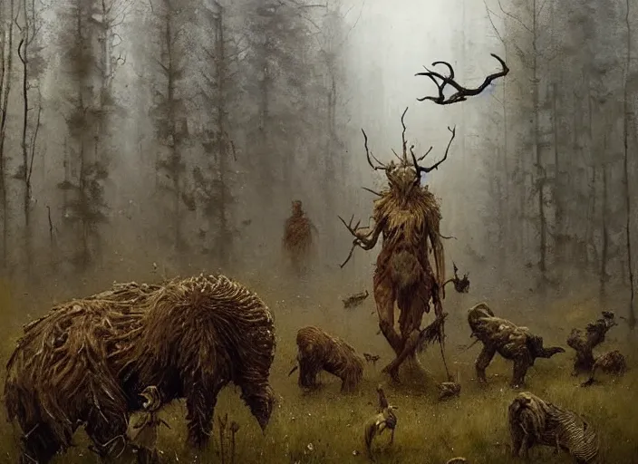 Image similar to annihilation art by jakub rozalski, surreal mythological painting by malczewski, legendary creature and animals heards,