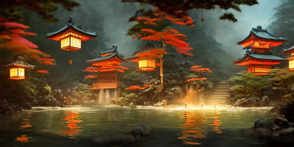 Prompt: painting of private magical onsen next to japanese inn with levitating lanterns and dragon spirits by greg rutkowski craig mullins ross tran cozy hot springs bonsai zen garden steamy flowers japanese motifs concept art clear focus fantasy d & d cinematic lighting unreal engine lumen trending on artstation