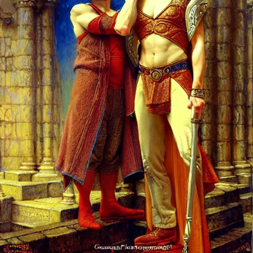 Image similar to attractive, arthur pendragon in love with attractive male, merlin the mage. highly detailed painting by gaston bussiere, craig mullins, j. c. leyendecker