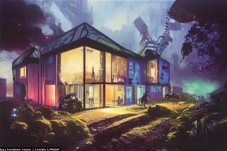 Image similar to cyberpunk, an estate agent listing photo, external view of a 5 bedroom detached countryside house in the UK, by Paul Lehr