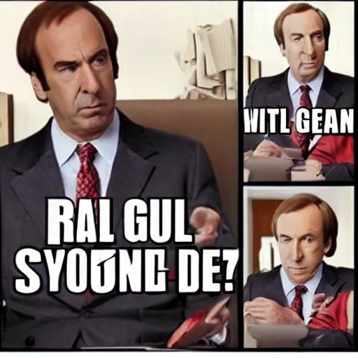 Prompt: “ a meme of saul goodman ”