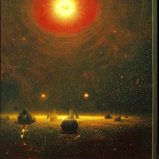 Image similar to A Holy war in space, by John Atkinson Grimshaw.