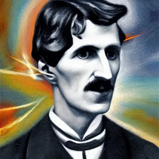 Image similar to An abstract painting of young Nikola Tesla, the background is filled with explosion of electricity