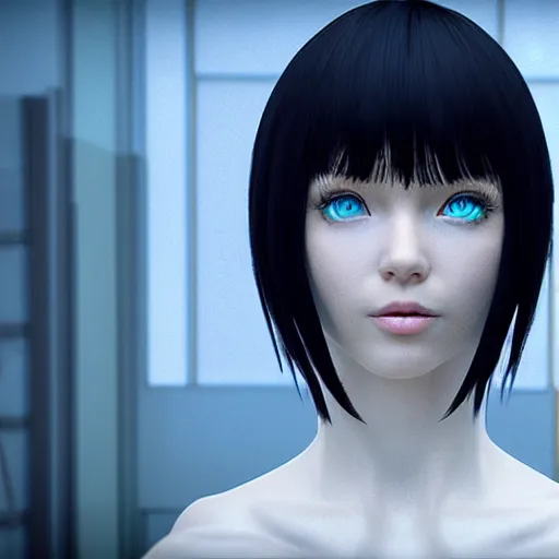 Image similar to « portrait, attractive, blue eyes, black hair, middle length hair, ghost in the shell, front view, unreal engine 5 »