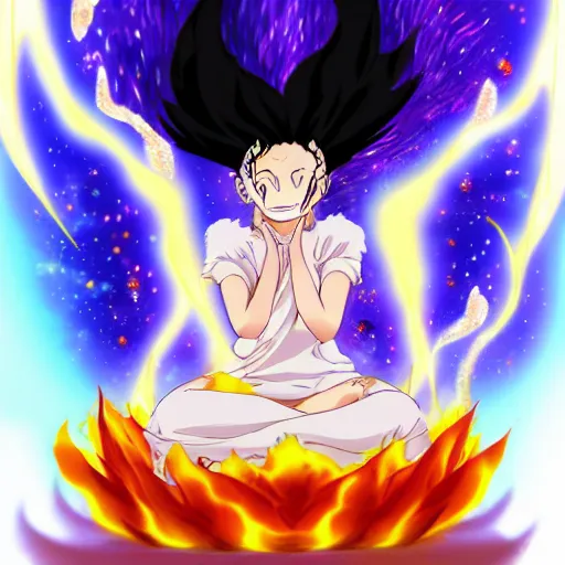 Image similar to fluffy popcorn hit by lightning, elemental spirit, in the style of a manga character, with a smiling face and flames for hair, sitting on a lotus flower, white background, simple, clean composition, symmetrical