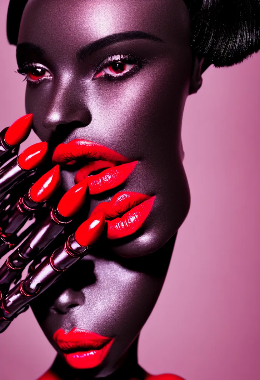 Image similar to medium shot, photograph of alluring dark skin female robot looking into camera, red lipstick, sharp focus,, chromatic abberations, as fashion editorial 90s