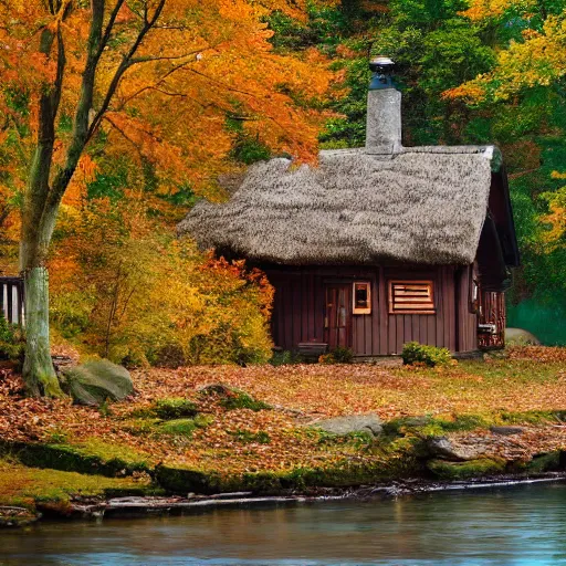 Image similar to a wooden cottage by the river with a bridge connecting to it, portrait, highly detailed, autumn, falling leaves, cozy, 8 k,