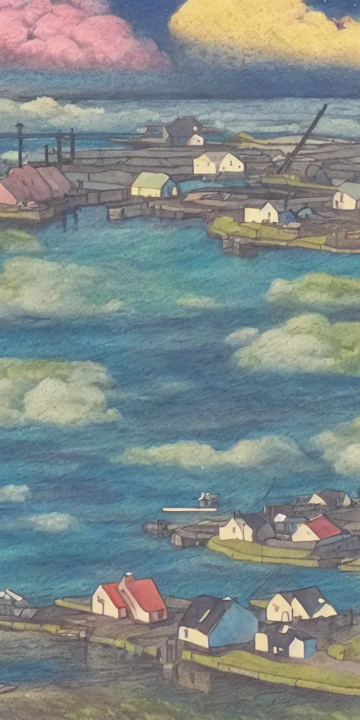 Image similar to a beautiful painting of a icelandic fishing village, storm clouds gathering over the town, by studio ghibli 8 k pastel colours, isometric drone shot smeared watercolours, golden light film grain