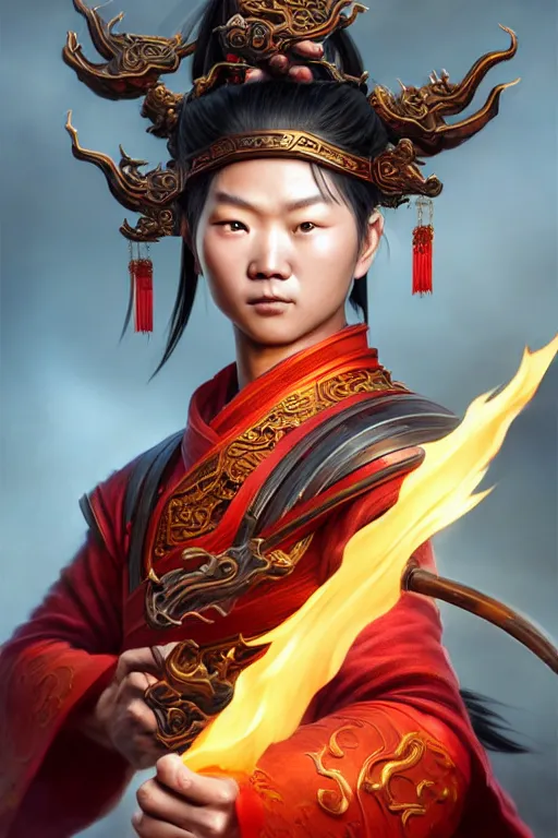 Prompt: charming nezha, highly detailed, man holding spear, flame everywhere, epic pose, masterpiece chinese fantasy character portrait, highly detailed, digital painting, trending on artstation, concept art, sharp focus, illustration, global illumination, ray tracing, realistic shaded, art by artgerm and greg rutkowski and fuji choko and viktoria gavrilenko and hoang lap