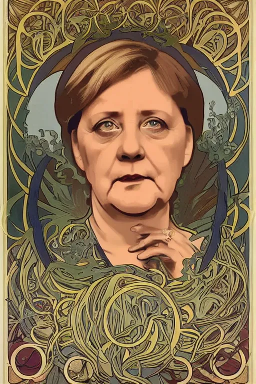 Prompt: an intricate frontal view portrait of Angela Merkel, in the style of Alphonse Mucha, poster art ca. 1900, hyperrealistic face, astonishing, digital art, trending on art station