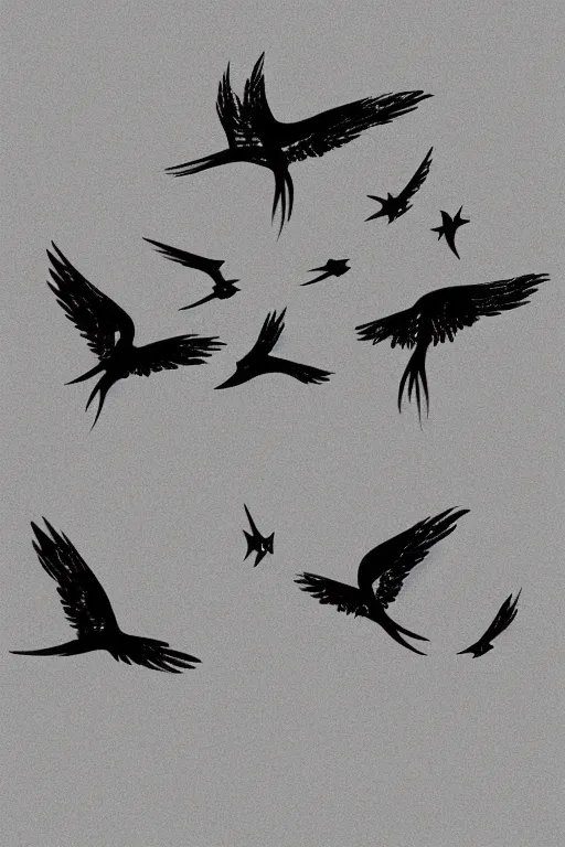 Image similar to a simple tattoo design of swallows flying into lines and basic shapes, black ink, abstract logo, line art