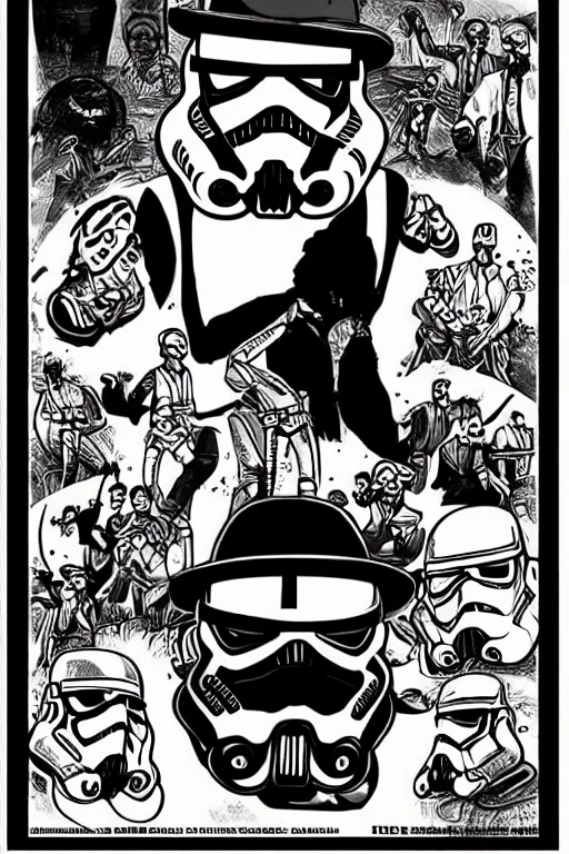 Image similar to “stormtrooper dancing, poster, José Guadalupe Posada style”