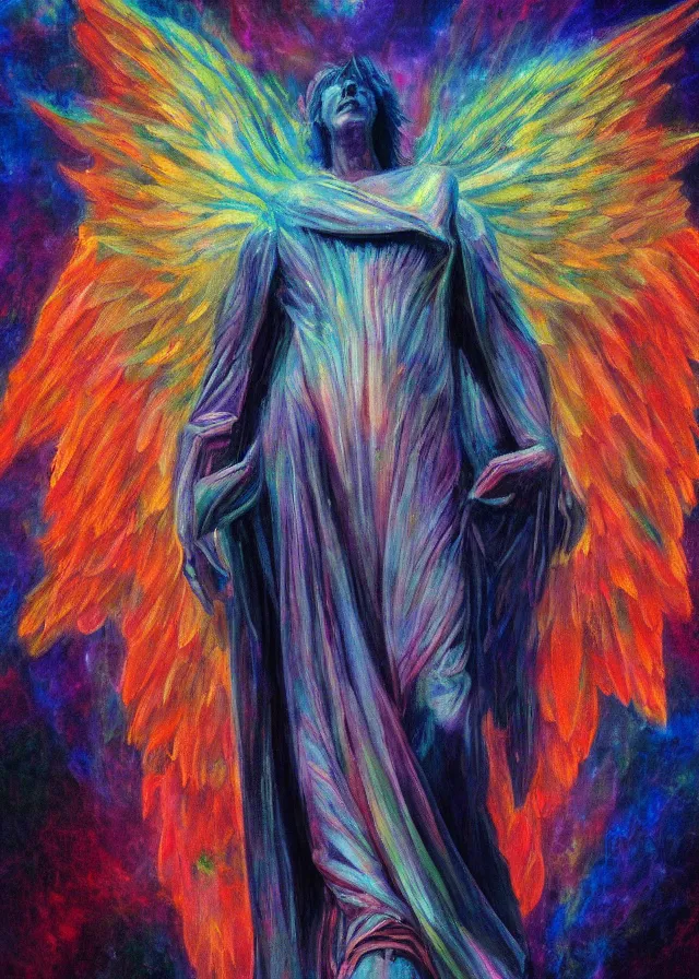 Prompt: Lucifer of the lunar mythos mercurial classical (surreal) angel mist, award winning oil painting, chromatic aberration polychromatic color palette