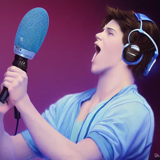 Prompt: a handsome young man with sandy brown hair and blue eyes singing into a neon blue microphone headset posing on stage. dynamic!! pose. gesture drawing. concert. cinematic lighting. wide shot photorealistic. hyper realism. ray tracing hdr. intricate detailed masterpiece. by bouguereau and shigenori soejima ruan jia. lifelike.