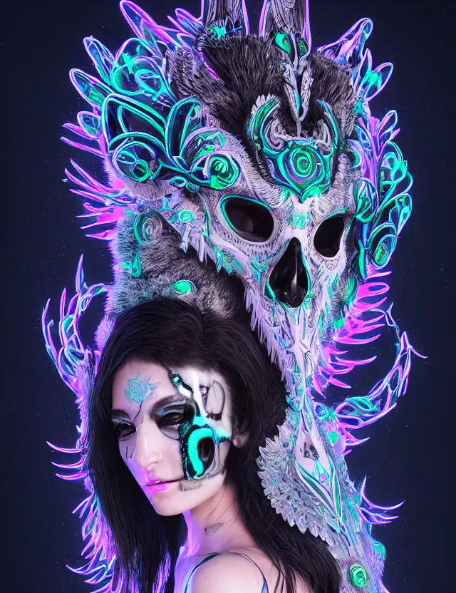 Prompt: 3 d goddess medium shot portrait with raven skull. beautiful intricately detailed avante garde wolf mask and electro sorceress outfit. neon moths, bio luminescent, frost, splash,, creature, artwork by tooth wu and wlop and beeple and greg rutkowski