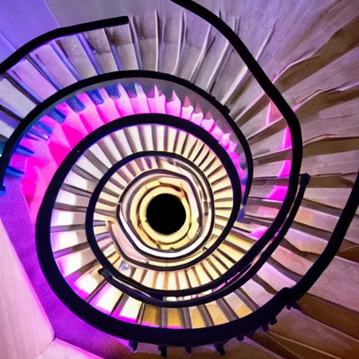 Prompt: A beautiful spiral staircase winding down to a colorfully lit chasm, view from above