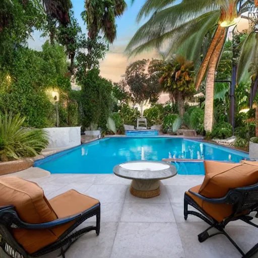 Image similar to Backyard with a pool, palm trees and patio with a fireplace in the middle of the sofas, big beautiful street lamps