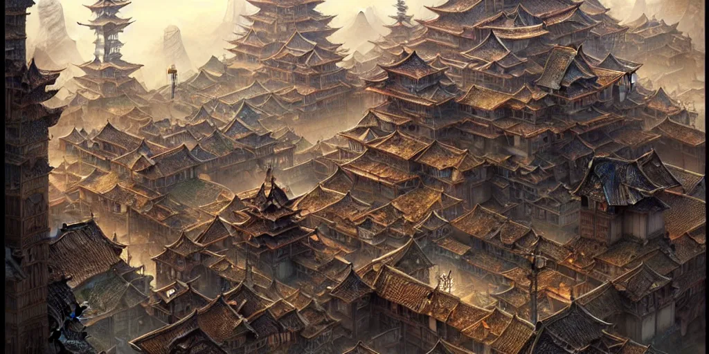 Prompt: a beautiful and insanely detailed matte painting of an advanced sprawling medieval civilization with surreal japanese architecture designed by akihiko yoshida!, whimsical!!, epic scale, intricate details, sense of awe, elite, fantasy realism, complex layered composition!!