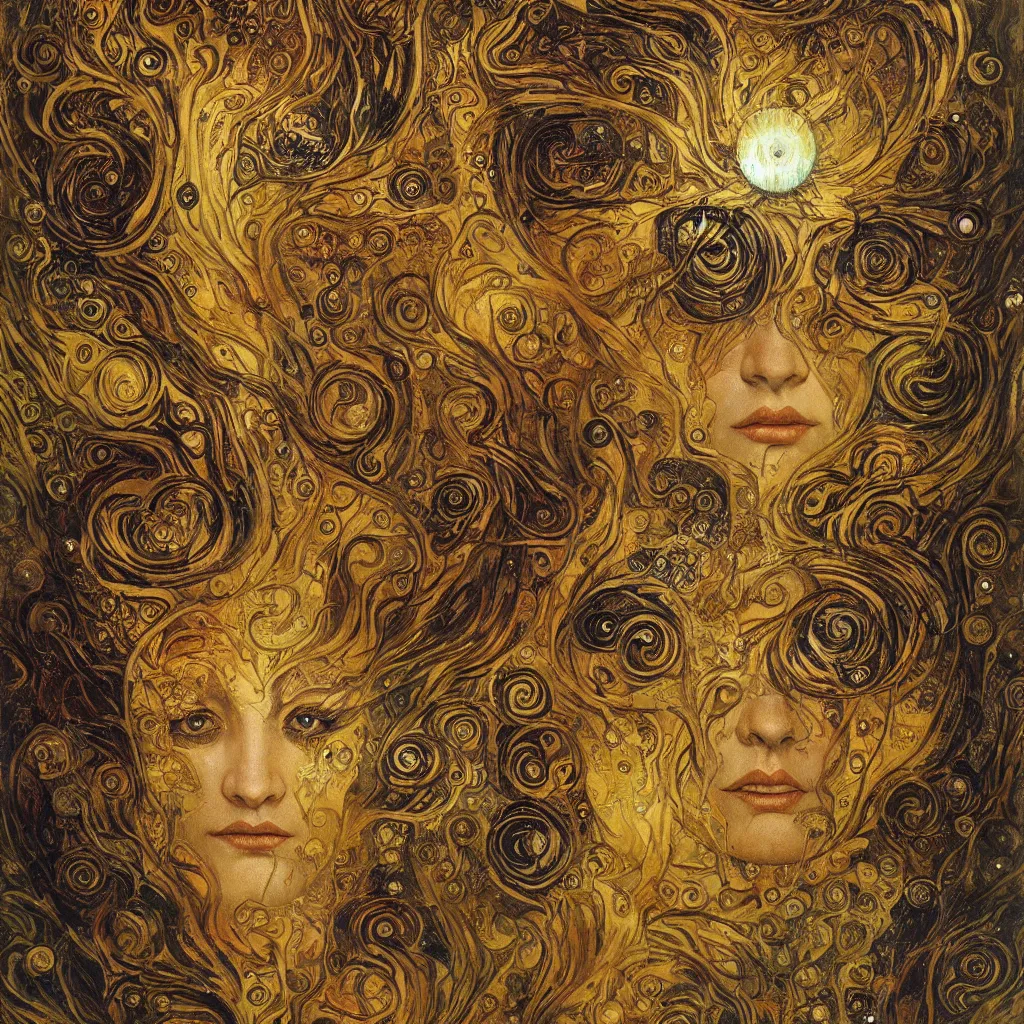 Image similar to Divine Chaos Engine by Karol Bak, Jean Deville, Gustav Klimt, and Vincent Van Gogh, beautiful visionary mystical portrait, sacred, otherworldly, fractal structures, Surreality, ornate gilded medieval icon, third eye, spirals, horizontal symmetry