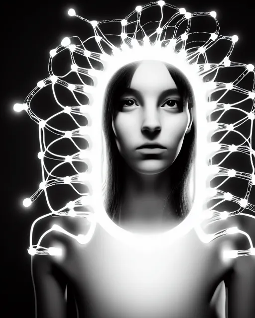 Image similar to black and white dreamy spiritual connected young female cyborg - plant goddess high quality photo, microchip, artificial intelligence, bio - mechanical bio - luminescence, black wired cables, neurons, nerve cells, cinematic, rim light, photo - realistic, elegant, high detail, 8 k, masterpiece, high fashion