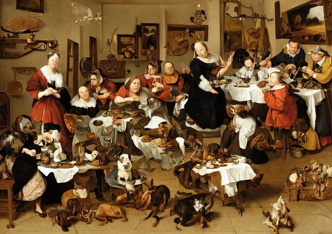 Prompt: Jan Steen arranges the various actors as though on a theatre stage. magnificently beautifully dressed young woman front. charming lady of the house, has fallen asleep at the table on the left. The dog is eating the meat pie. one of the children is filching something from the cabinet on the wall, the little girl’s brother is trying out a pipe, and the youngest child, sitting in his highchair, is playing carelessly with a string of pearls. a young man is trying to play a violin. On the right side the doorway leads to another room, but is obstructed with a pig. Daylight coming from a window on the left. Hyperrealistic, detailed. Close shot. Very detailed faces. Small room.