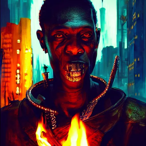 Image similar to shaka zulu as a cybperpunk gangster, eating fire in the neon ghetto, by greg rutkowski and android jones in a surreal portrait style, cyberpunk, oil on canvas, 8k