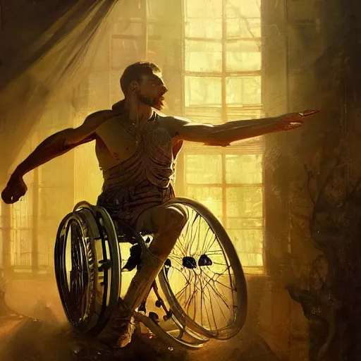 Image similar to handsome portrait of a wheelchair guy fitness posing, radiant light, caustics, war hero, playing wheelchair basketball, by gaston bussiere, bayard wu, greg rutkowski, giger, maxim verehin