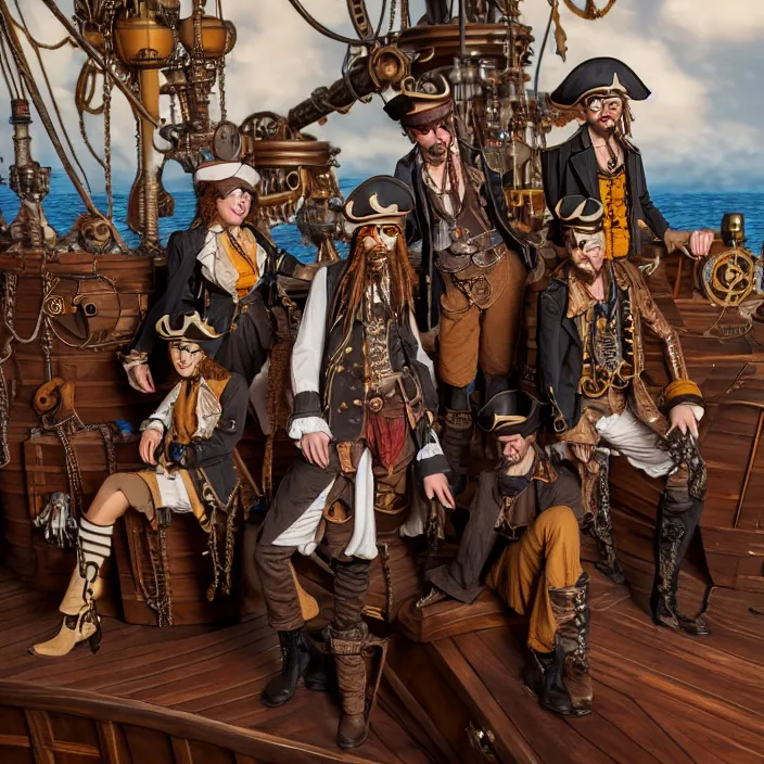 Image similar to full body photograph of steampunk pirates on their ship. Extremely detailed. 8k