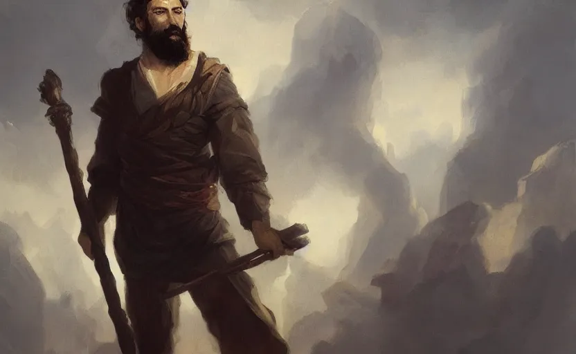 Prompt: a painting of the all father holding a staff trending on artstation in the style of greg rutkowski, beautiful, male, sensual, wise, natural skin, black beard, leader, staff, 1 8 0 0 s