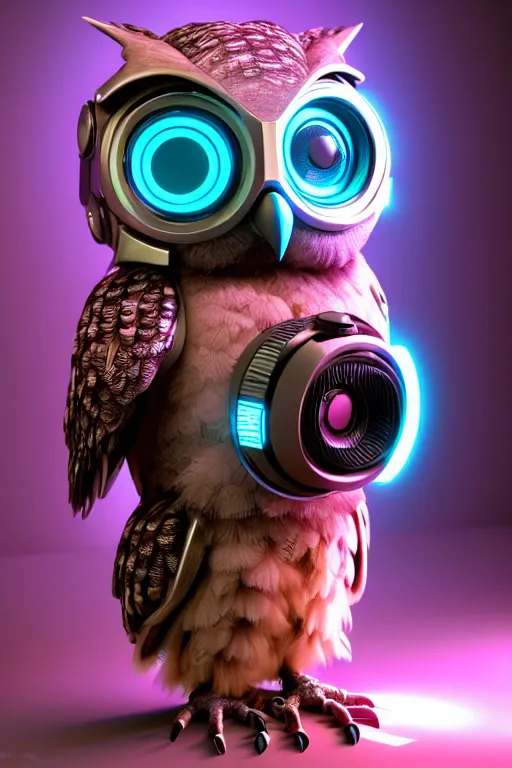 Image similar to high quality 3 d render very cute cyborg owl! with boombox!, cyberpunk highly detailed, unreal engine cinematic smooth, in the style of blade runner & detective pikachu, hannah yata charlie immer, moody light, low angle, uhd 8 k, sharp focus