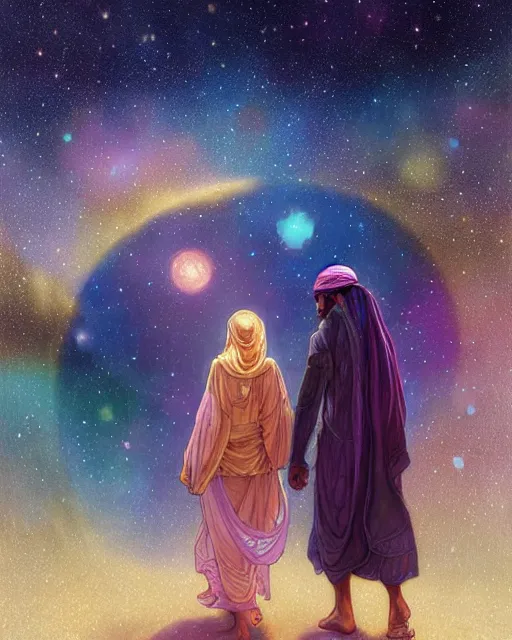 Image similar to bedouin man and woman and child in galaxy walking towards mosque surrounded by nebula, highly detailed, gold filigree, romantic storybook fantasy, soft cinematic lighting, award, disney concept art watercolor illustration by mandy jurgens and alphonse mucha and alena aenami, pastel color palette, featured on artstation