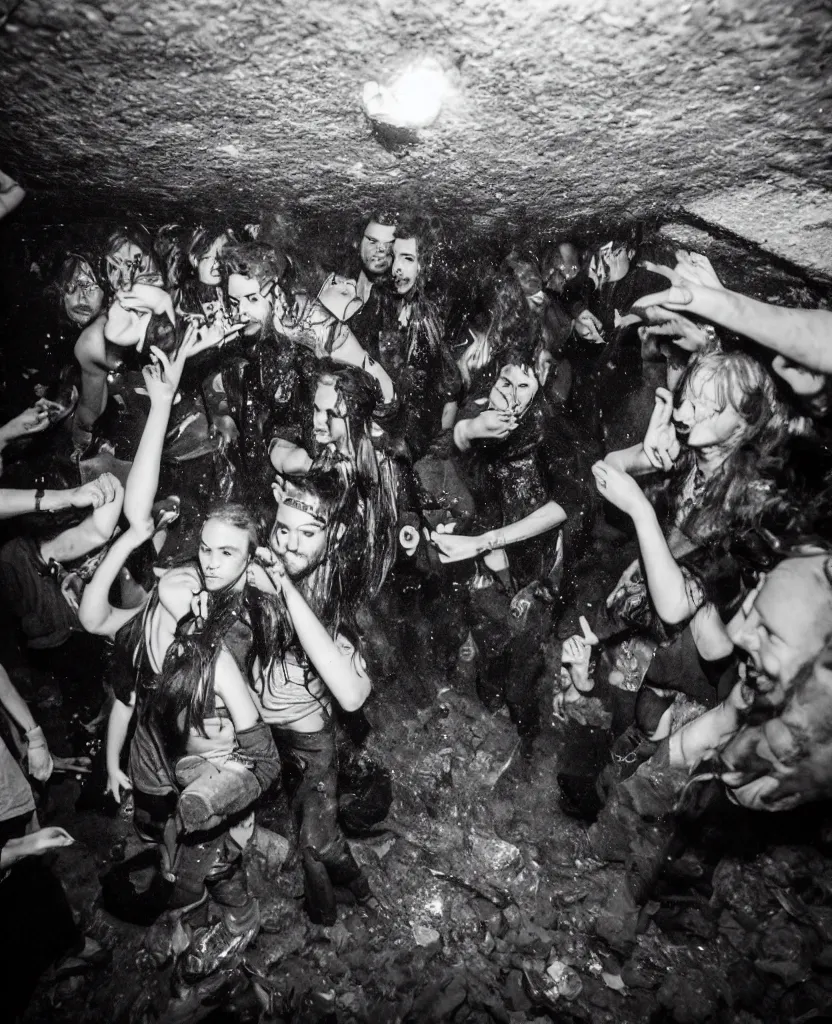 Image similar to photos of a wild underground party taken by merlin bronques, expert everything is under water