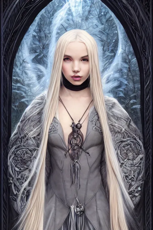 Prompt: mystical gothic mage blonde braided hair dove cameron in the cliffside, heavy cloak, black leather accents, cloth jerkin, grey plants, fantasy character portrait, ultra realistic, intricate, elegant, highly detailed, digital painting, artstaion, smooth, sharp, focus, illustration, art by artgerm and greg rutkowski and alphonse mucha