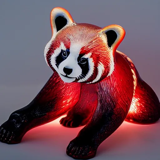 Prompt: photo of a glass sculpture of a red panda, studio lighting