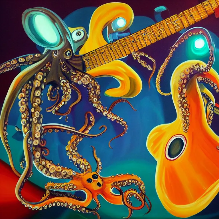 Image similar to a beautiful painting by robbie trevino of a couple of octopus playing drums and telecaster guitar in an electronic concert, touch designer projection background, concert light, dark mood, warm lights