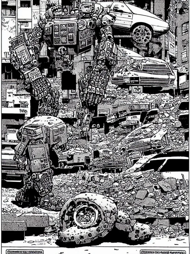 Prompt: an individual Giant stone robot walking down the street, a crushed car is under the robot’s foot by Richard Corben