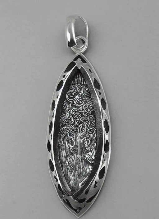 Image similar to Amulet Of Wave inlaid in silver on a young beautiful woman neck, realistic, clean,