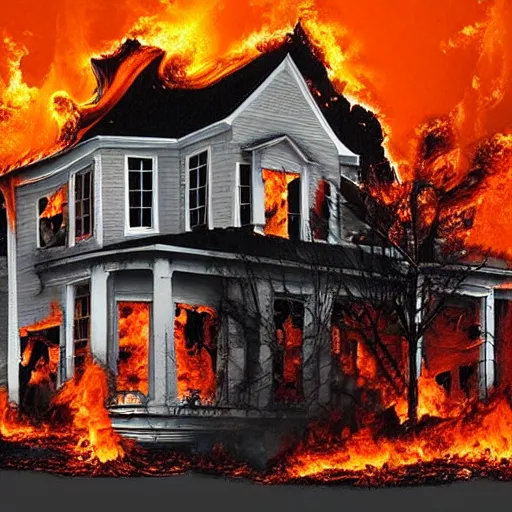 Image similar to “White mansion engulfed in flames, digital art.”