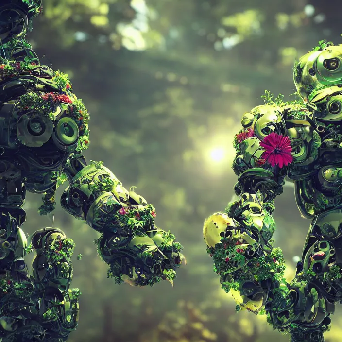 Image similar to overgrown foliage taking over an abandoned robot body, close - up, 3 5 mm, biopunk, bokeh, beautiful, lens flare, emotional, sweet, flowers, detailed, picture, trending on artstation, award - winning, shiny, golden