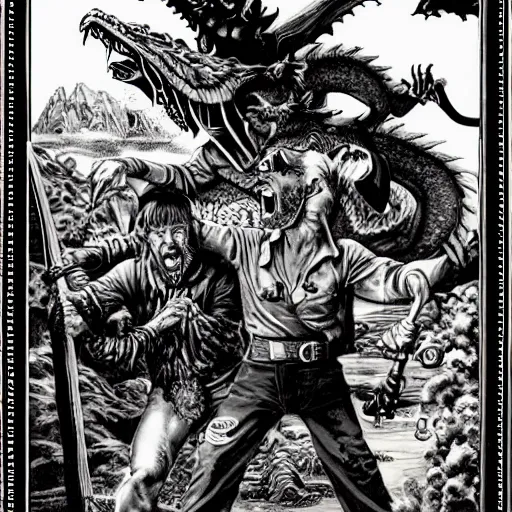 Image similar to Tom Waits and William S Burroughs as adventurers battling a dragon as painter by Larry Elmore in the style of a dungeons and dragons module cover art