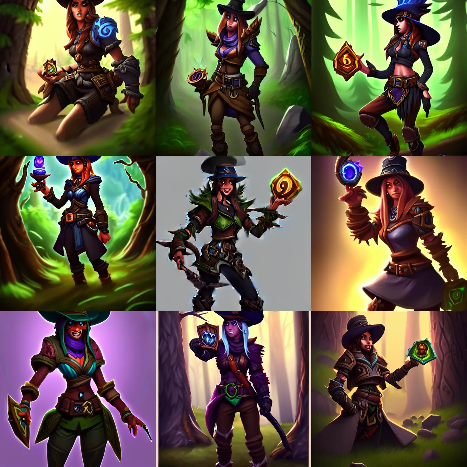 Prompt: Full body Hearthstone official professional art, with realistic beautiful body & face & eyes. A hunter walking in the forest with a black hat. Completly coherent and well drawned physical body parts, ArtStation. Very detailed hands with 5 coherent fingers.
