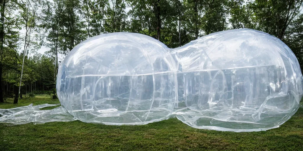 Prompt: an inflatable house made of clear plastic sheeting. The house is made of 8 inflated bubbles. The inflated house sits in a lake on the edge of a forest. ultra wide shot, coronarender, 8k, photorealistic