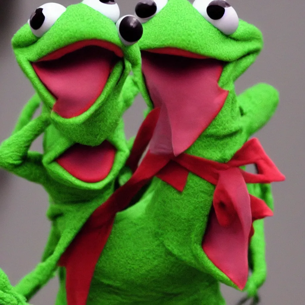 Prompt: evil scary kermit the frog with realistic pointy teeth